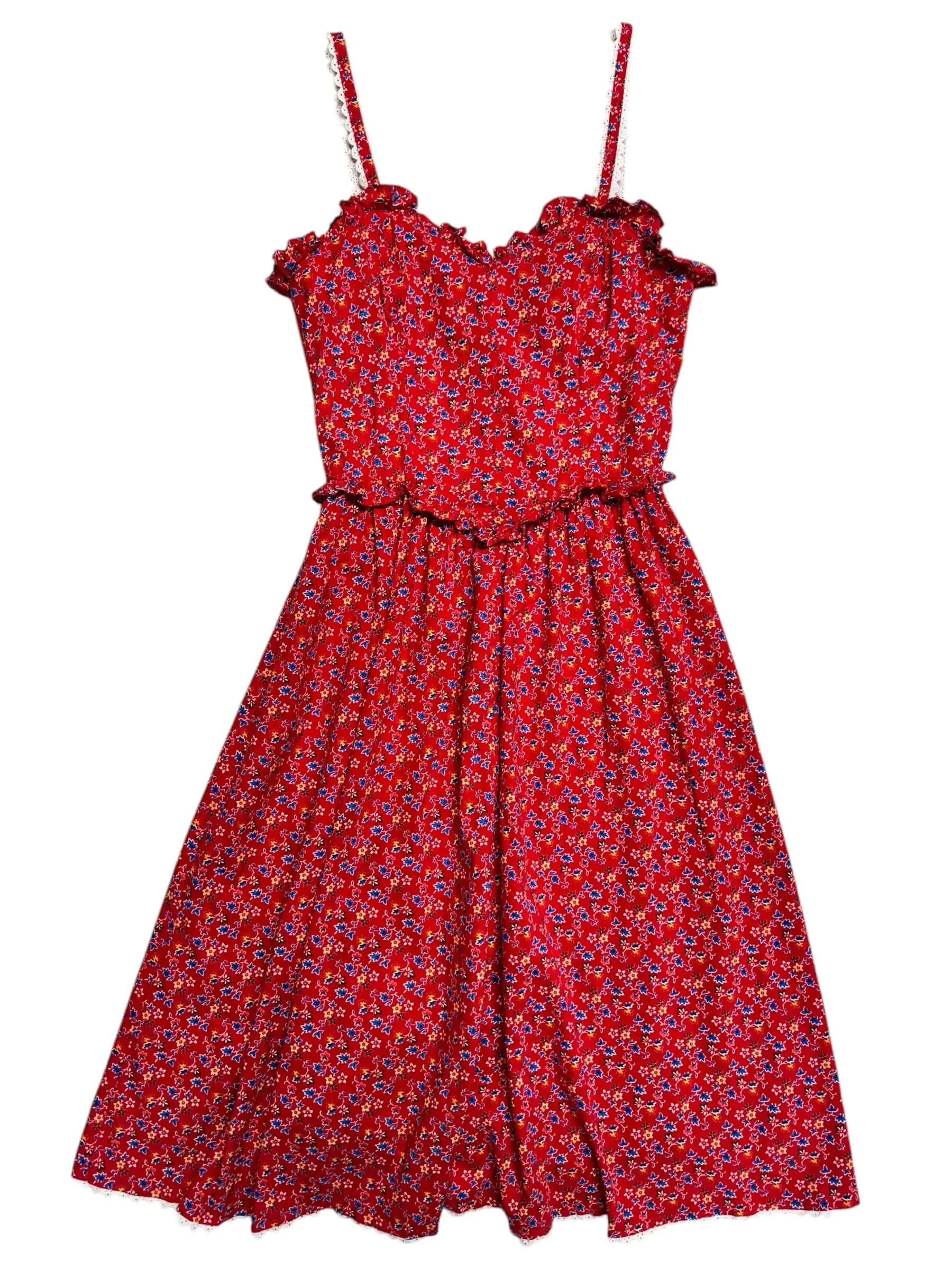 1970s Red Prairie Style Dress S