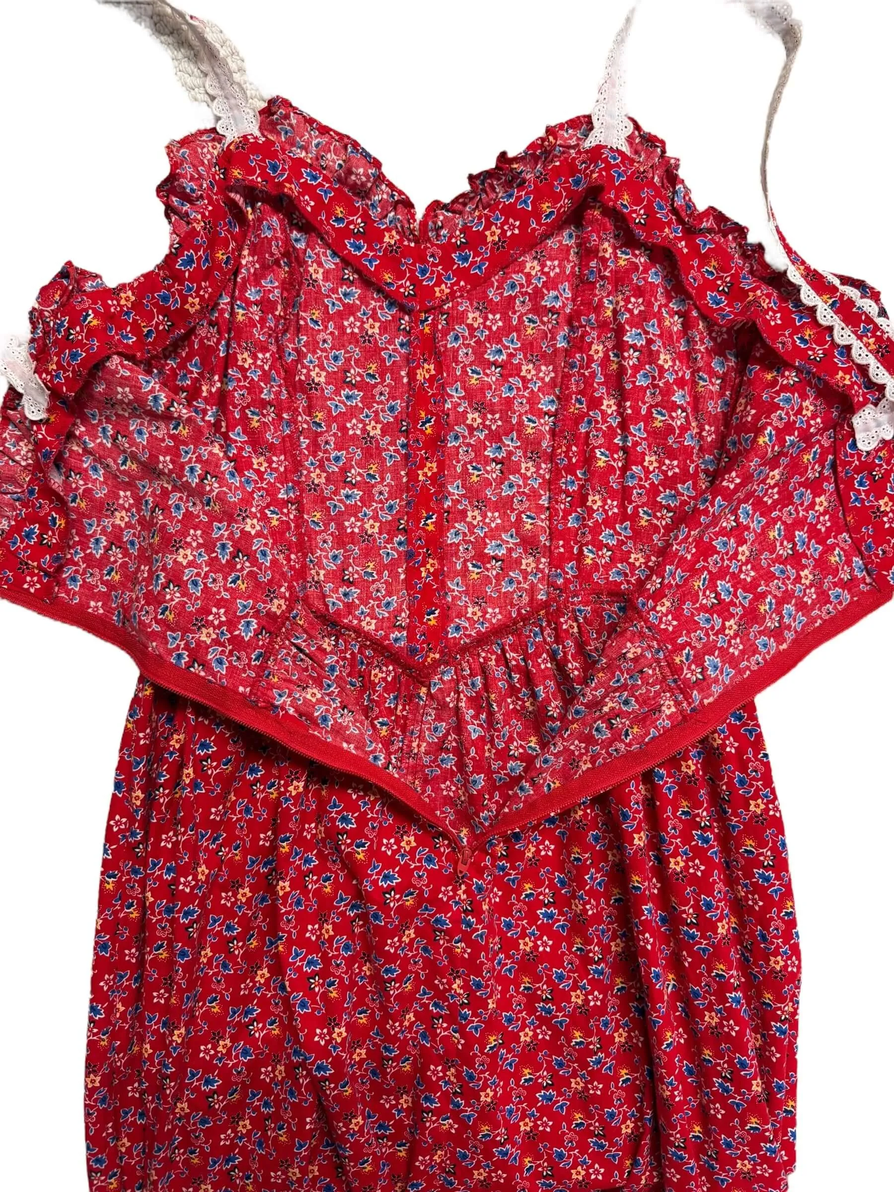 1970s Red Prairie Style Dress S