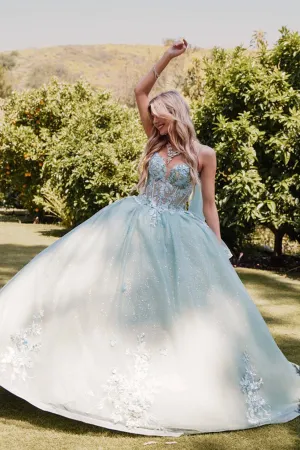 3D Multi Floral Applique Cap Sleeve Long Quinceanera Dress JTJT1466H