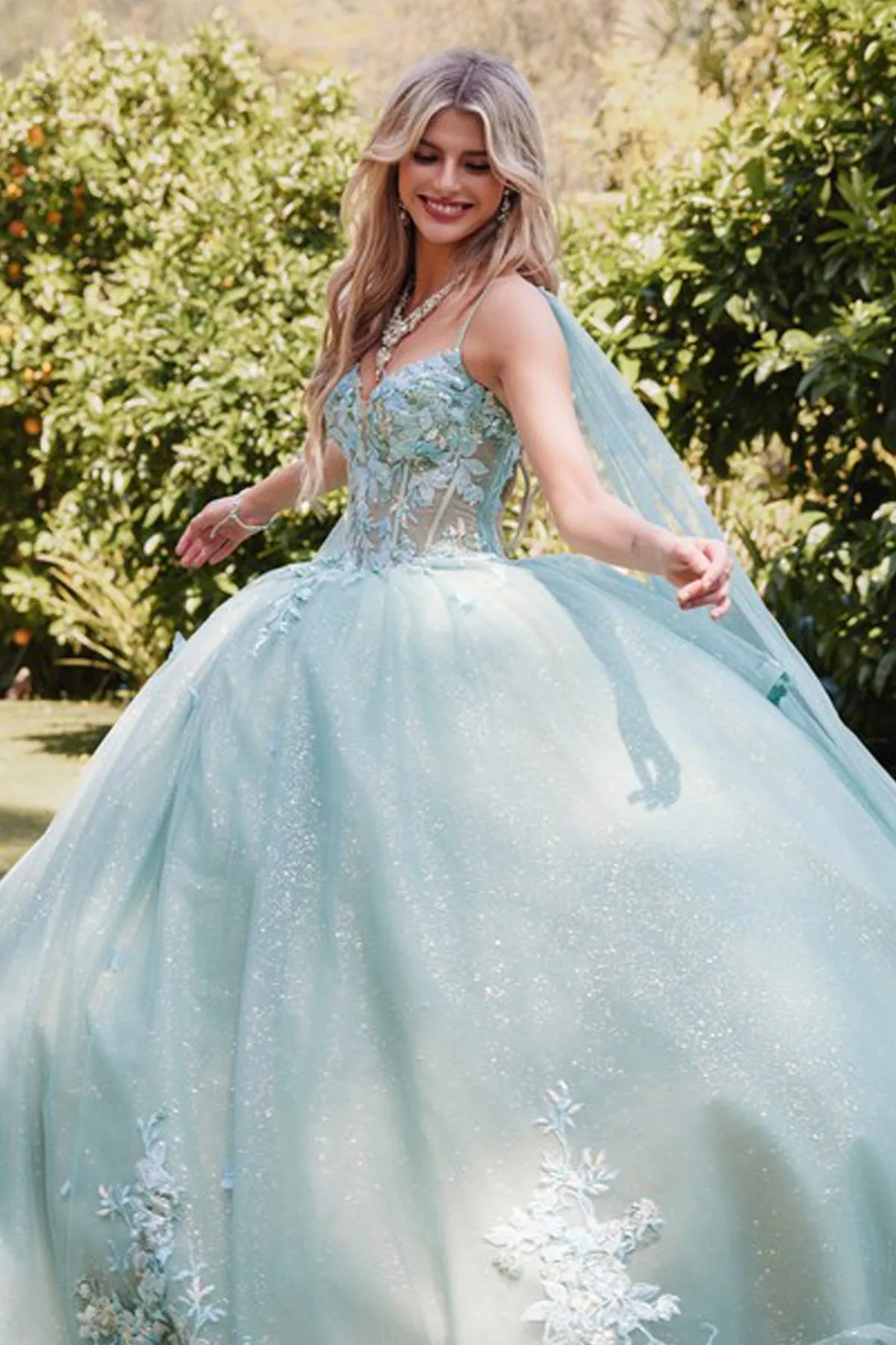 3D Multi Floral Applique Cap Sleeve Long Quinceanera Dress JTJT1466H