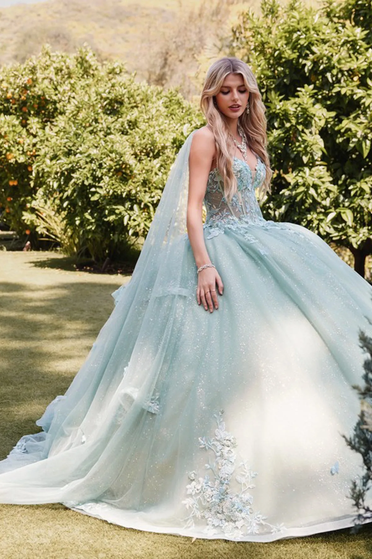 3D Multi Floral Applique Cap Sleeve Long Quinceanera Dress JTJT1466H