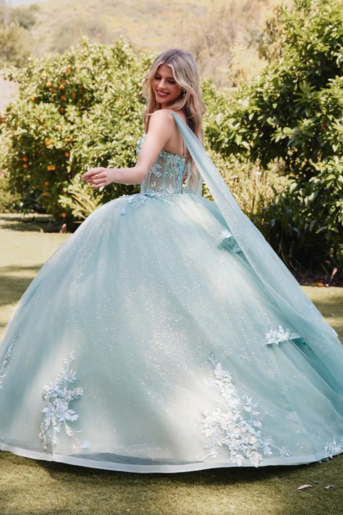 3D Multi Floral Applique Cap Sleeve Long Quinceanera Dress JTJT1466H