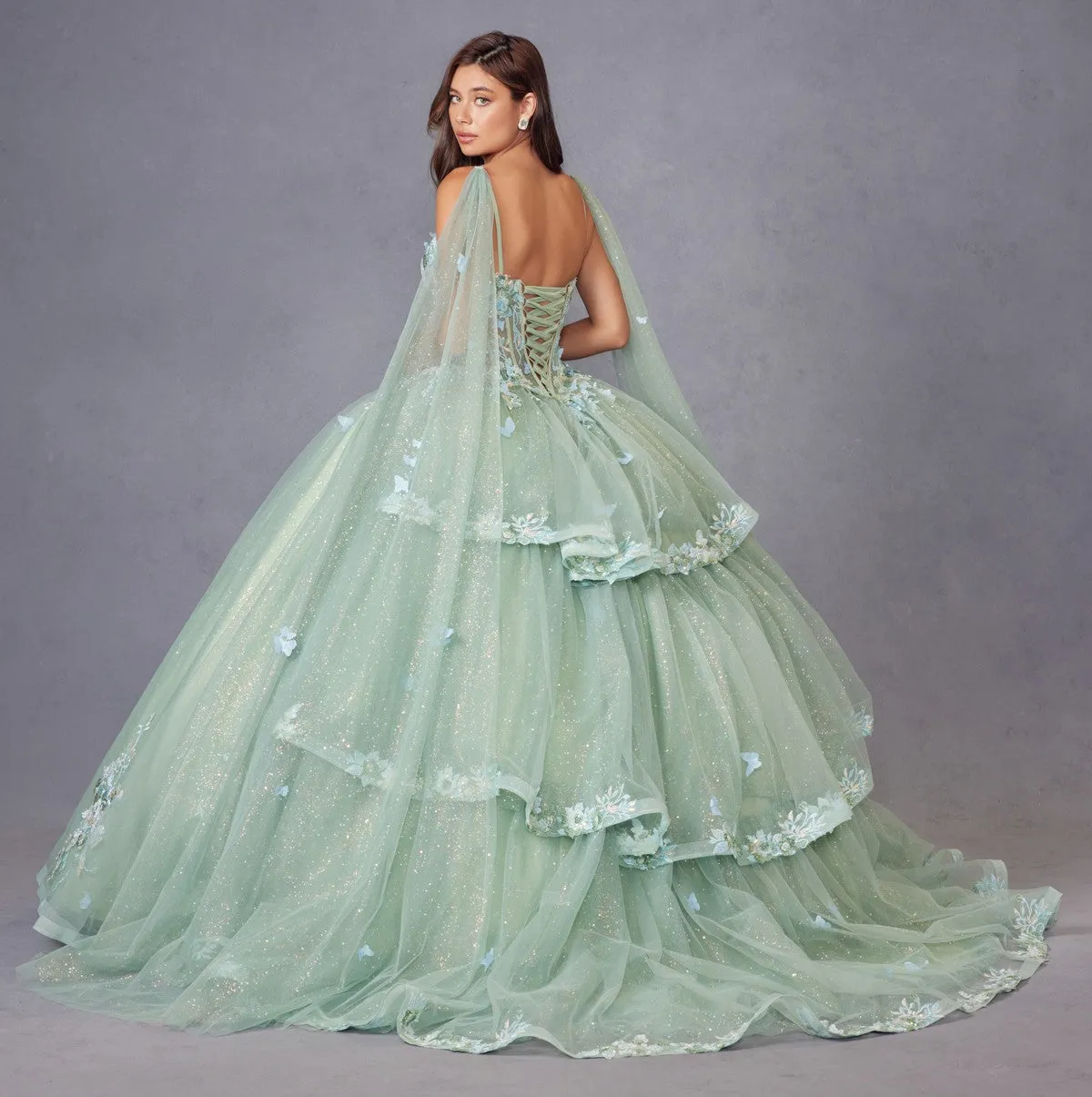 3D Multi Floral Applique Cap Sleeve Long Quinceanera Dress JTJT1466H