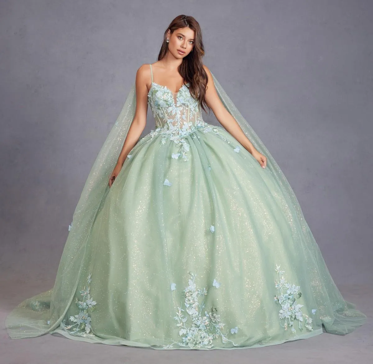 3D Multi Floral Applique Cap Sleeve Long Quinceanera Dress JTJT1466H