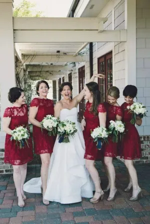 A Line Burgundy Lace Cap Sleeve Bridesmaid Dresses, Knee Length Short Wedding Party Dresses SWK14995