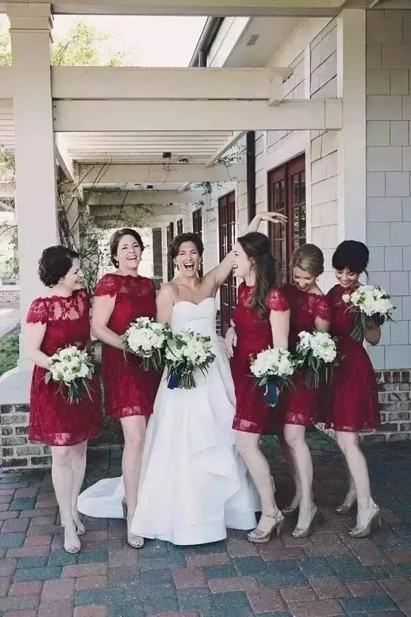 A Line Burgundy Lace Cap Sleeve Bridesmaid Dresses, Knee Length Short Wedding Party Dresses SWK14995