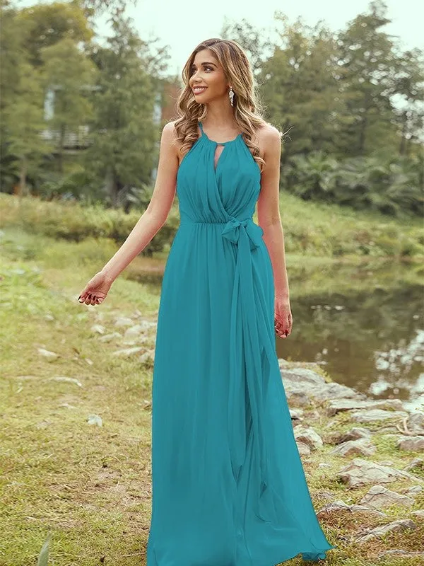 A-Line/Princess Chiffon Ruffles Halter Sleeveless Sweep/Brush Train Bridesmaid Dresses