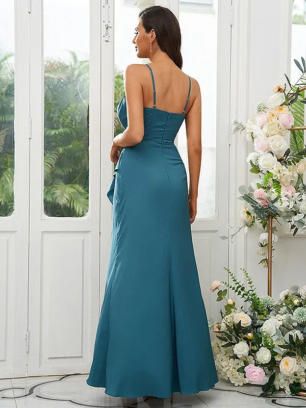 A-Line/Princess Silk like Satin Ruffles V-neck Sleeveless Floor-Length Bridesmaid Dresses