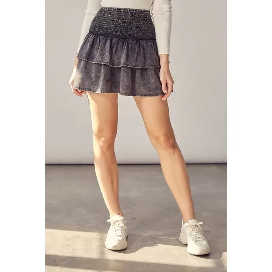 Acid Wash Denim Tiered Mini Skirt