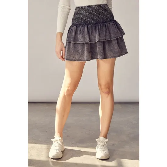 Acid Wash Denim Tiered Mini Skirt