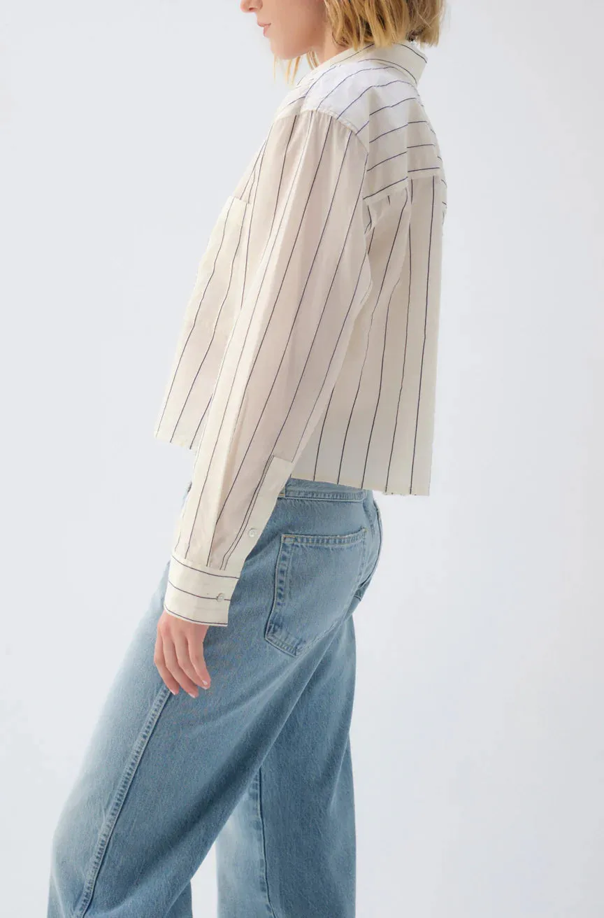AMO Ruth Crop Button Down in Bone & Navy Stripe