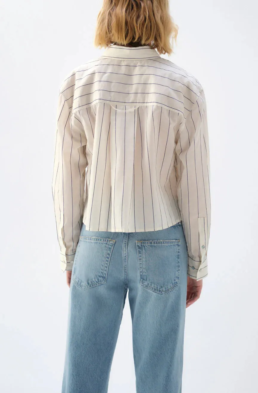 AMO Ruth Crop Button Down in Bone & Navy Stripe