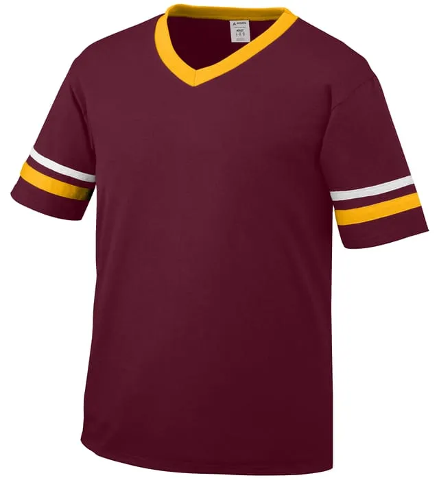 Augusta Maroon/Gold/White Adult Sleeve Stripe V-Neck Baseball Jersey