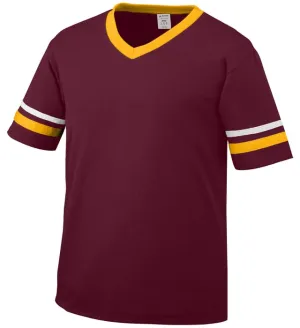 Augusta Maroon/Gold/White Adult Sleeve Stripe V-Neck Baseball Jersey