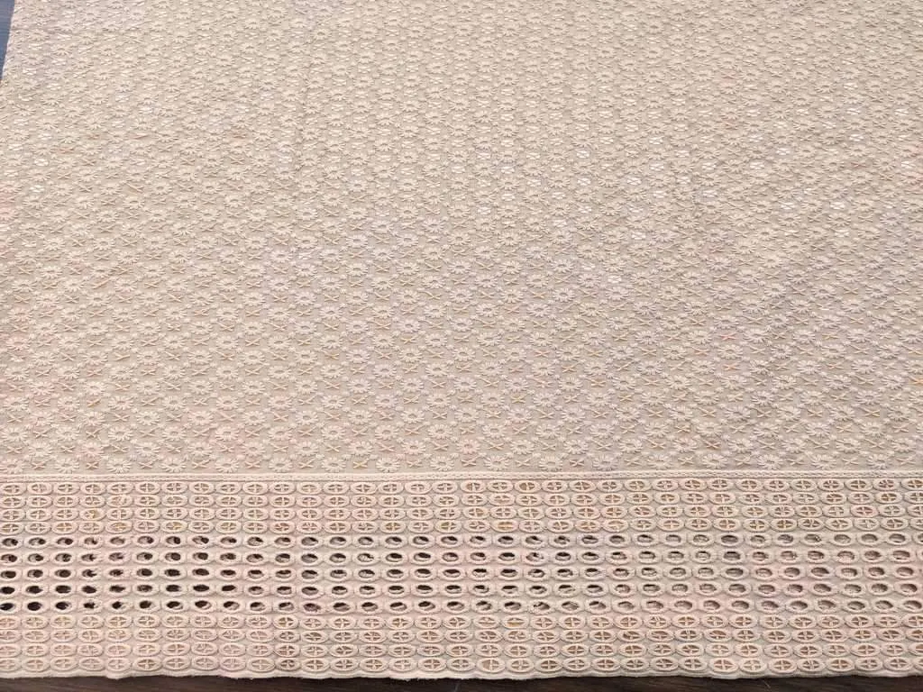 Beige Floral Chikankari Embroidered Rayon Fabric with Schiffli Border