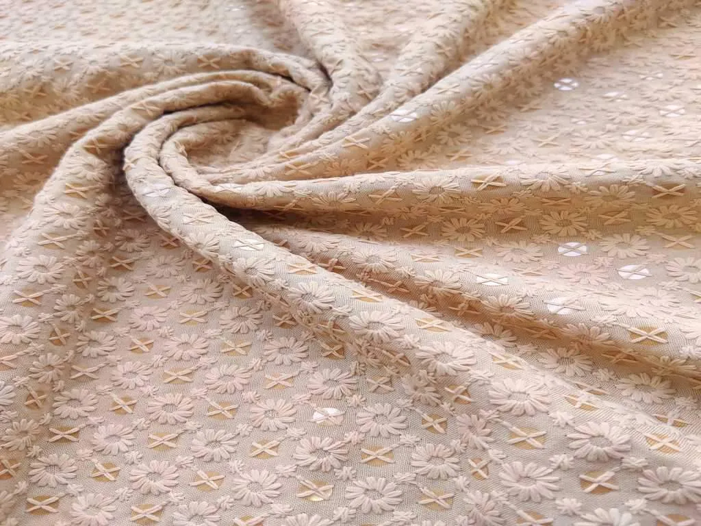 Beige Floral Chikankari Embroidered Rayon Fabric with Schiffli Border