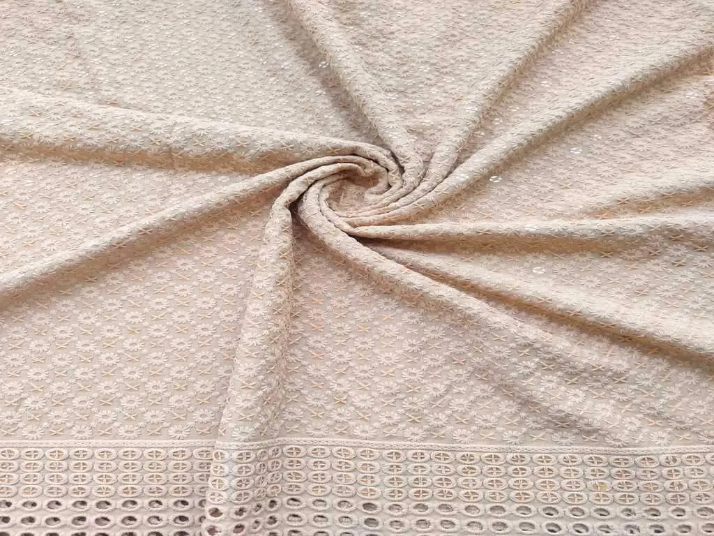 Beige Floral Chikankari Embroidered Rayon Fabric with Schiffli Border