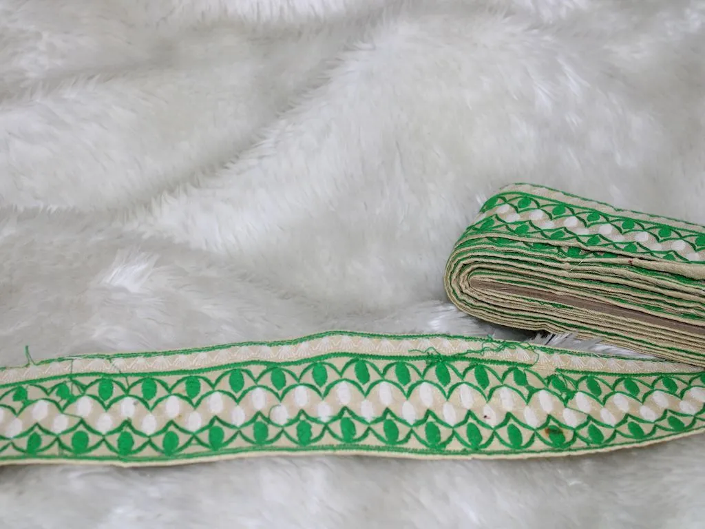 Beige Green Thread Work Embroidered Border