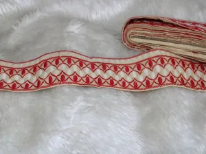 Beige Red Thread Work Embroidered Border