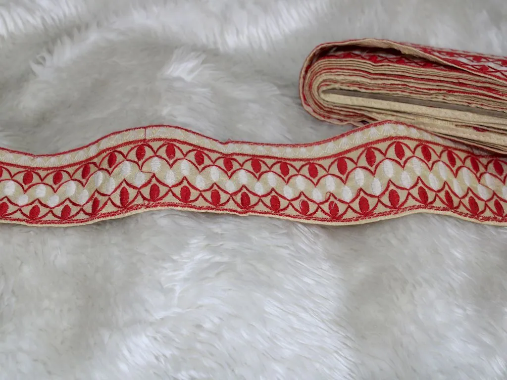 Beige Red Thread Work Embroidered Border