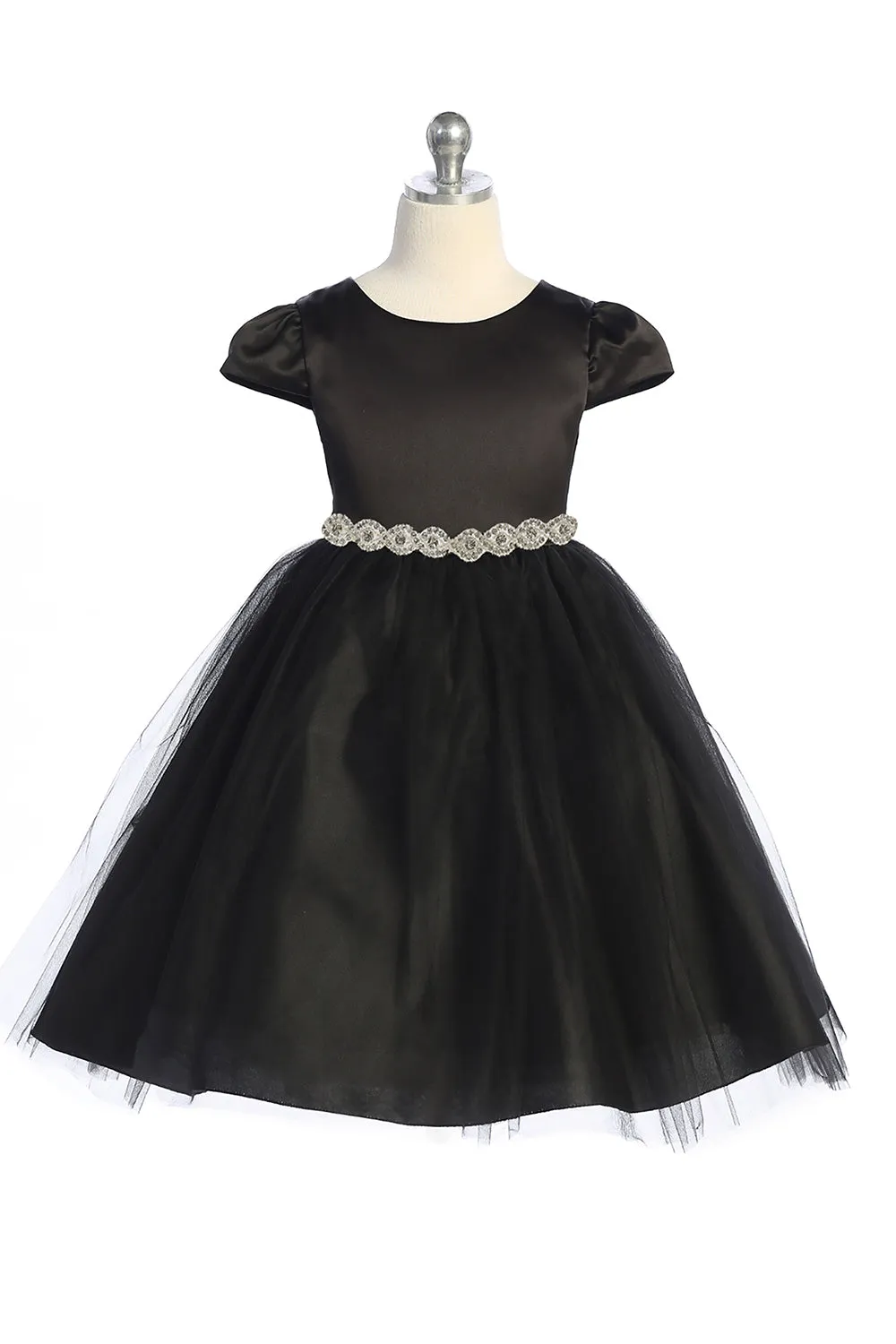 Big Girls Black Cap Sleeve Satin Tulle Junior Bridesmaid Dress 8-14