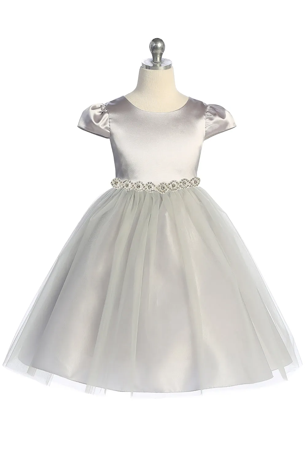 Big Girls Silver Cap Sleeve Satin Tulle Junior Bridesmaid Dress 8-14