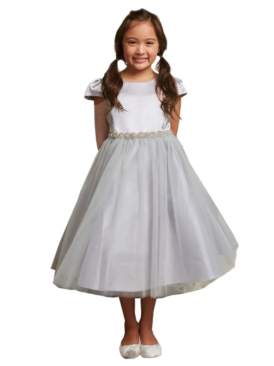 Big Girls Silver Cap Sleeve Satin Tulle Junior Bridesmaid Dress 8-14