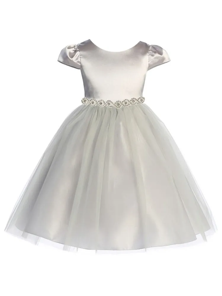 Big Girls Silver Cap Sleeve Satin Tulle Junior Bridesmaid Dress 8-14
