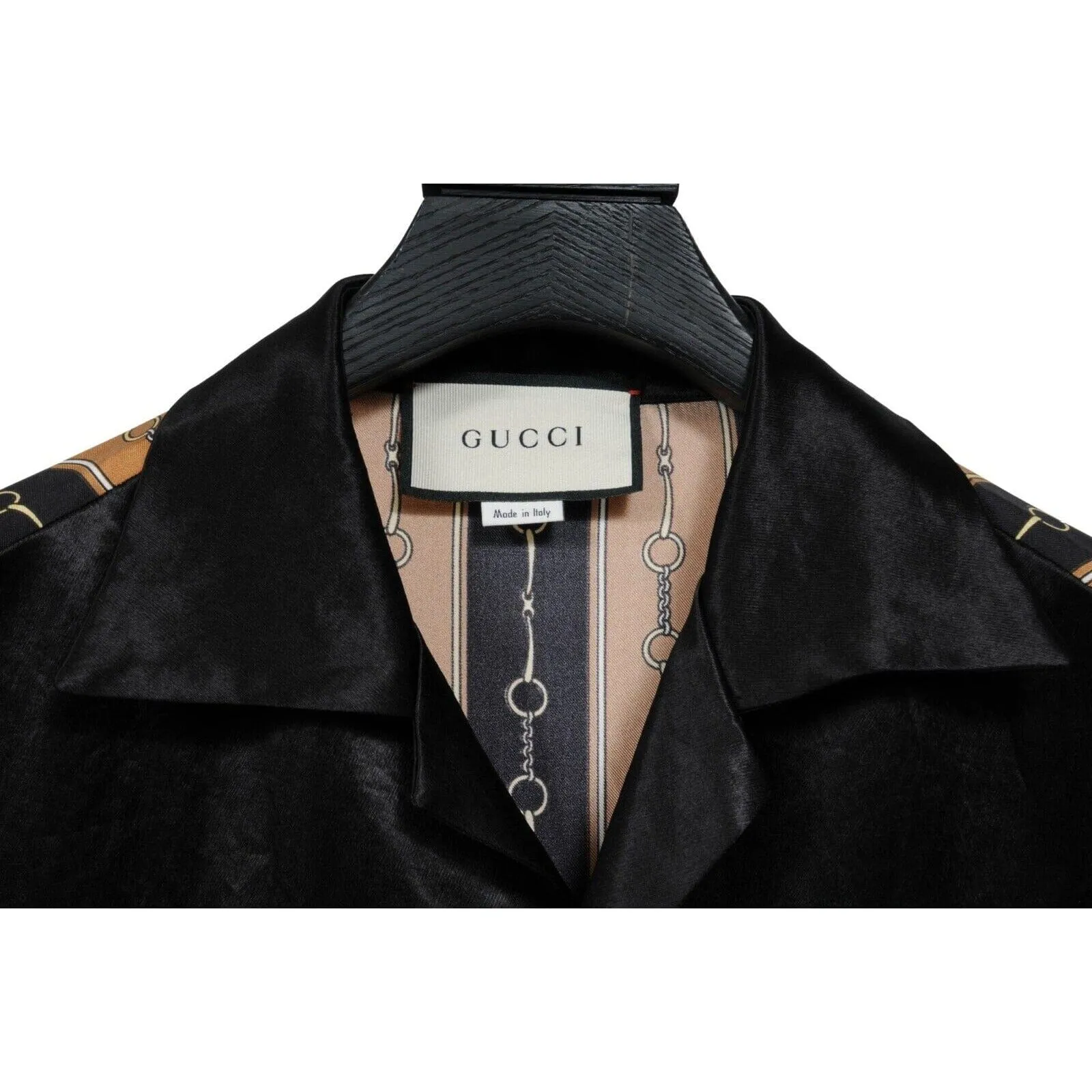 Black Gold Silk Acetate Horsebit Print Button Down Bowling Shirt