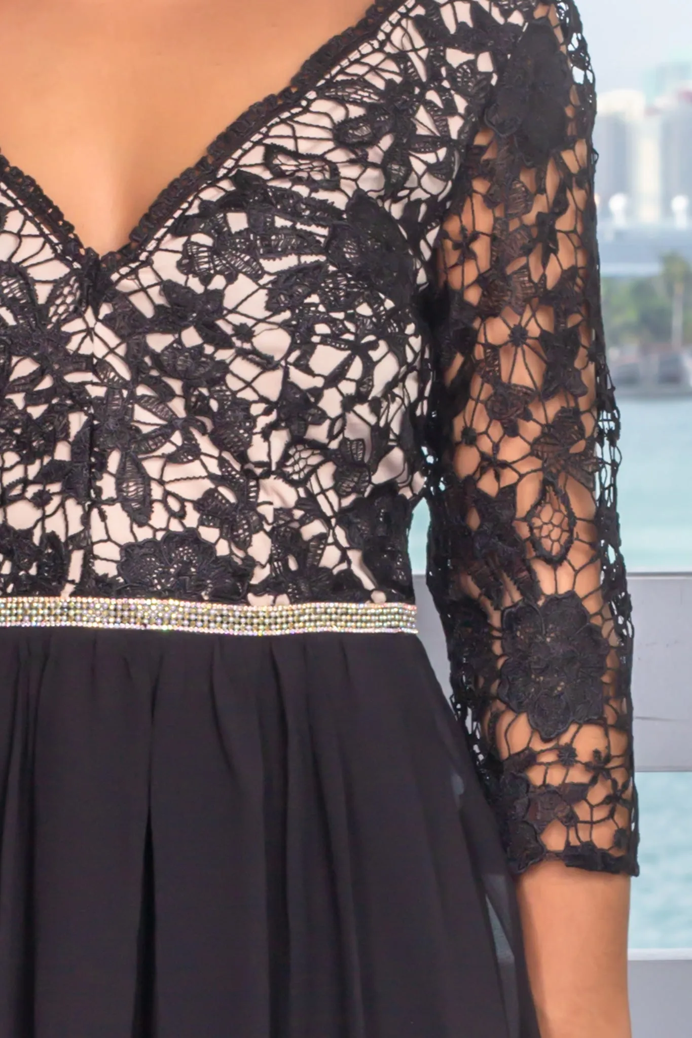 Black V-Neck Embroidered Top Maxi Dress with 3/4 Sleeves