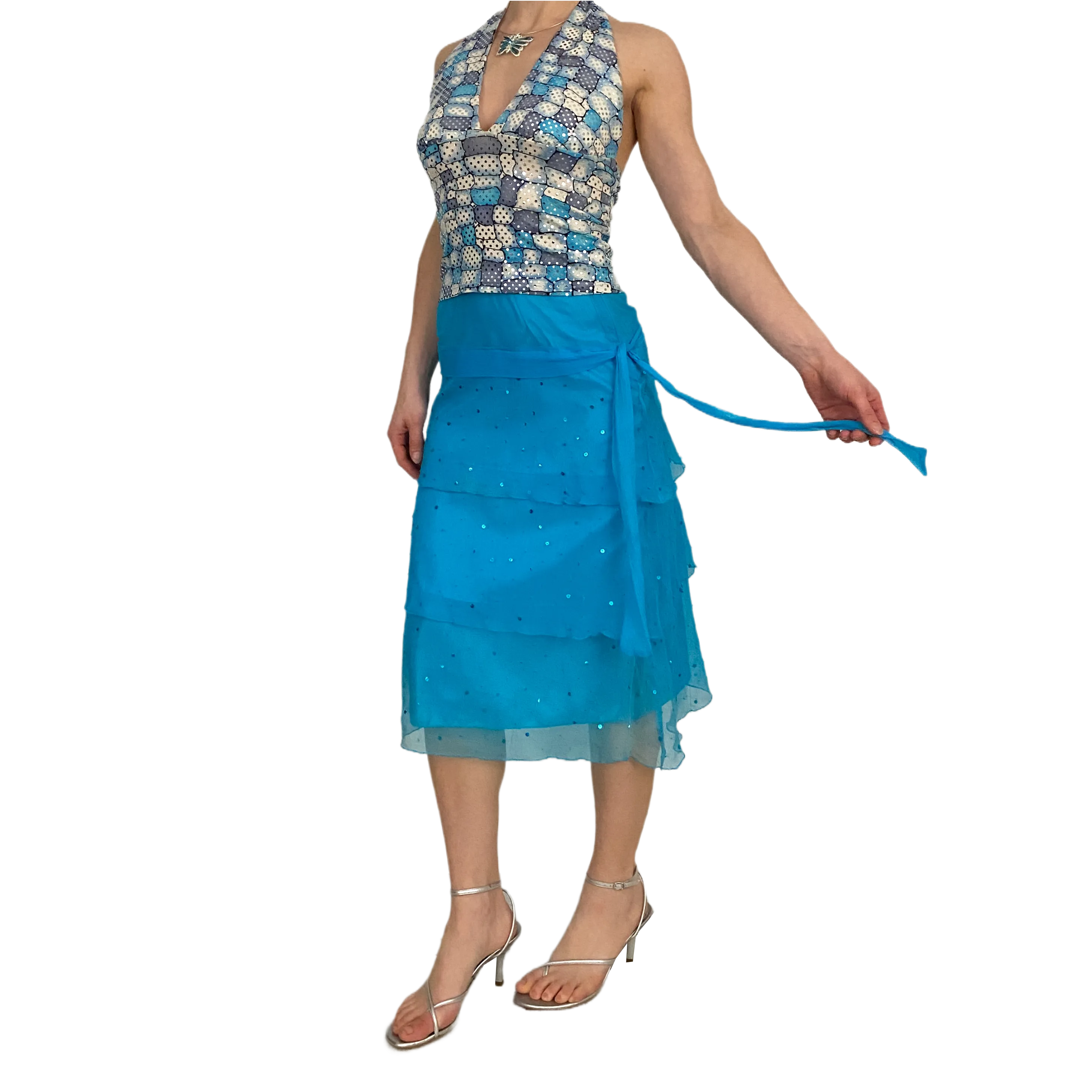 Blue Sequin Silk Midi Skirt (XS)