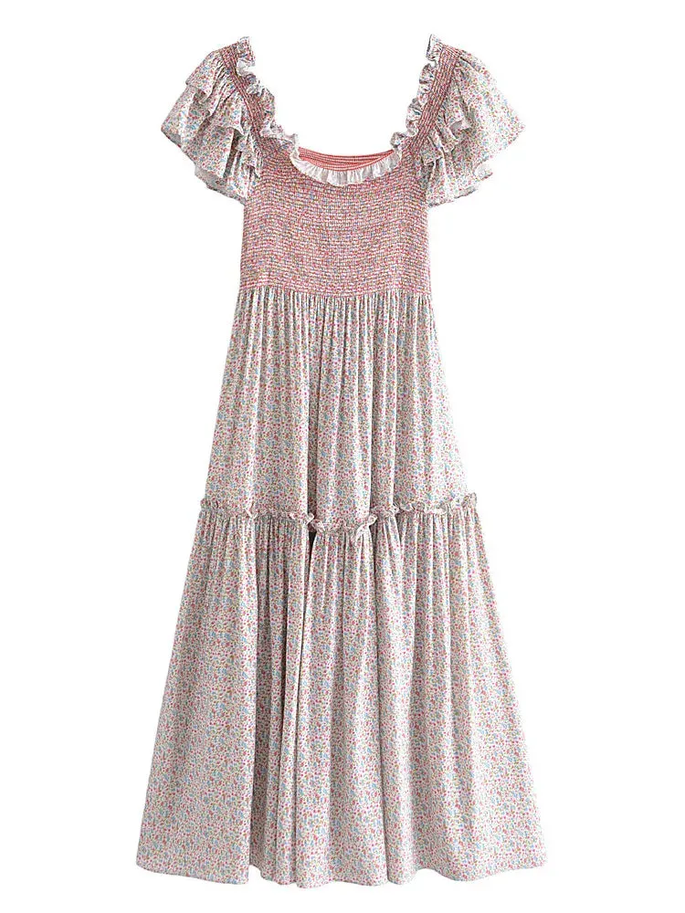 BOHO Spliced Wood ears Ruffles Sleeve Floral Print Midi Dress Hippie
