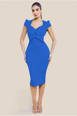 Cap Sleeve Frill Edge Midi Dress - Royal Blue by Goddiva