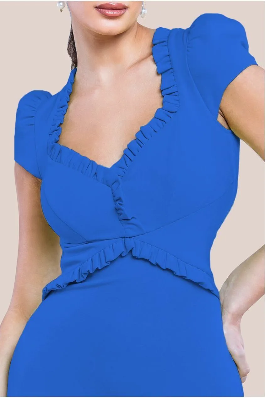 Cap Sleeve Frill Edge Midi Dress - Royal Blue by Goddiva