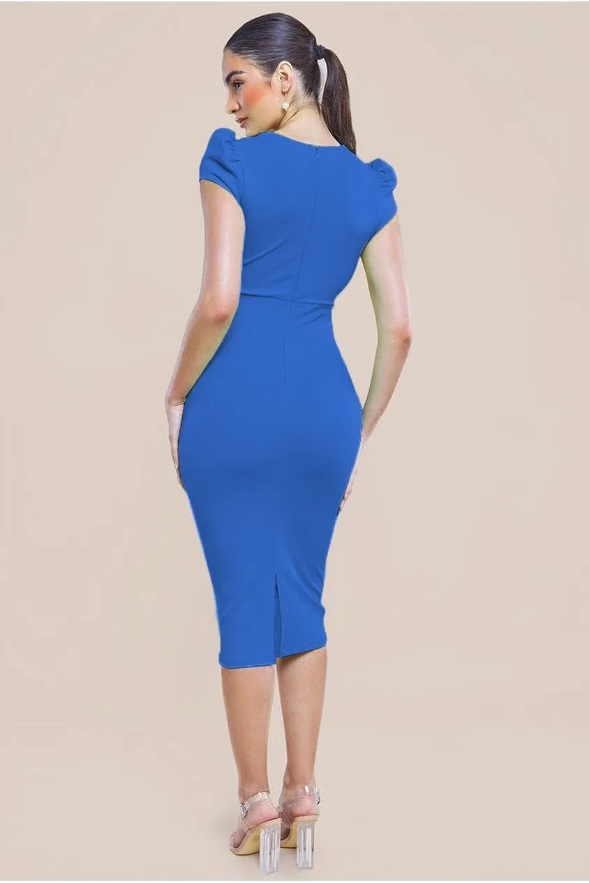 Cap Sleeve Frill Edge Midi Dress - Royal Blue by Goddiva