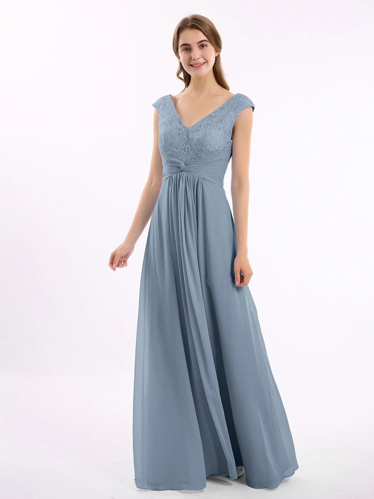 Cap Sleeves Chiffon and Lace Dress with V NECK Dusty Blue Plus Size