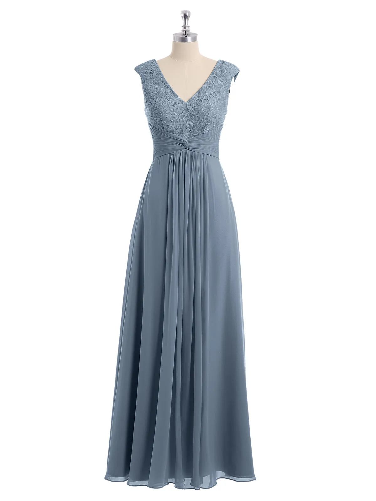 Cap Sleeves Chiffon and Lace Dress with V NECK Dusty Blue Plus Size