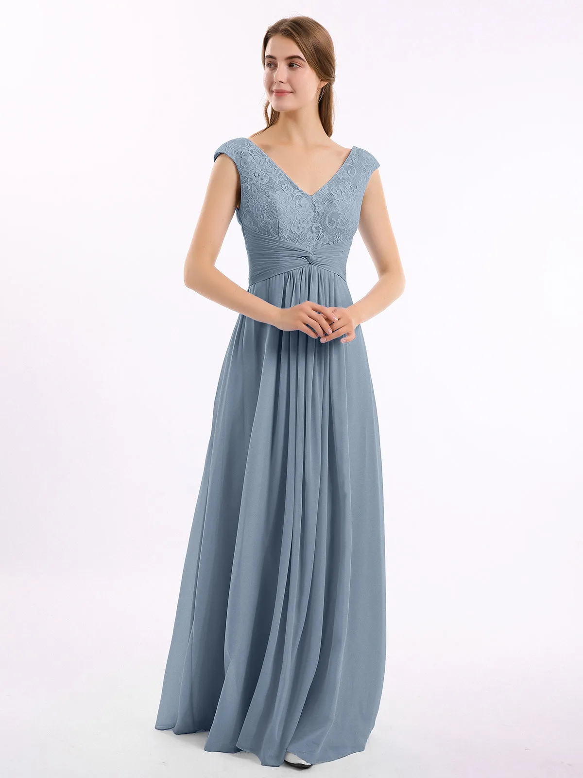 Cap Sleeves Chiffon and Lace Dress with V NECK Dusty Blue Plus Size