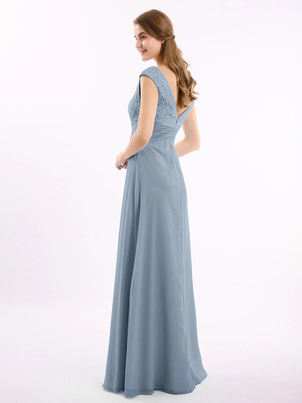 Cap Sleeves Chiffon and Lace Dress with V NECK Dusty Blue Plus Size