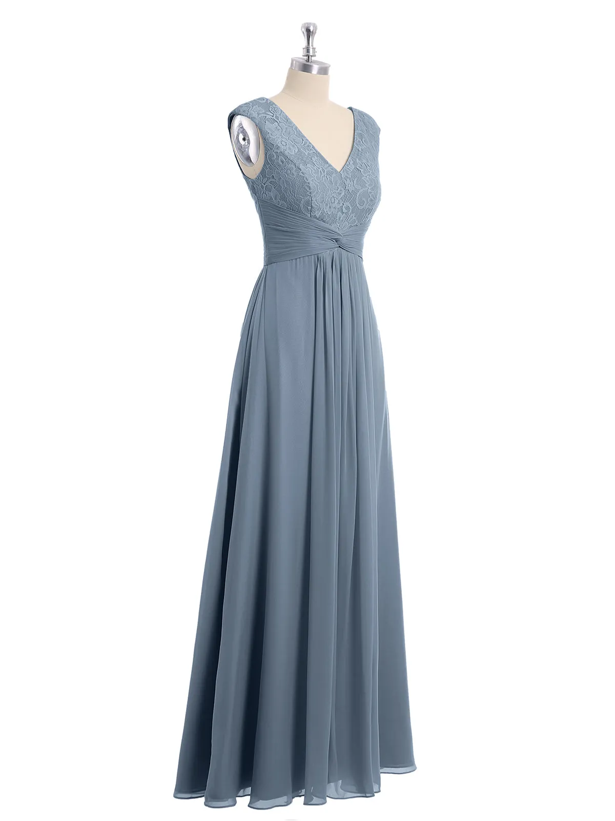 Cap Sleeves Chiffon and Lace Dress with V NECK Dusty Blue Plus Size
