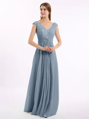 Cap Sleeves Chiffon and Lace Dress with V NECK Dusty Blue Plus Size