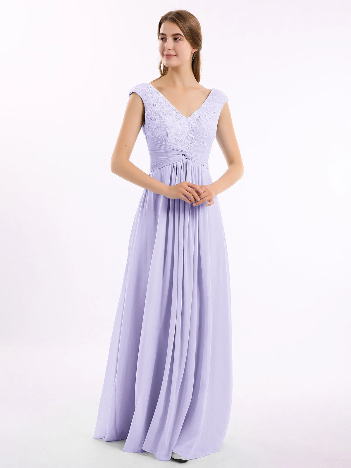 Cap Sleeves Chiffon and Lace Dress with V NECK Lilac Plus Size