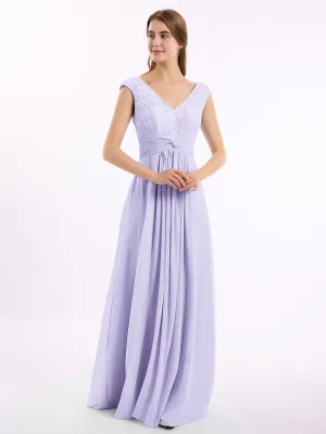 Cap Sleeves Chiffon and Lace Dress with V NECK Lilac Plus Size