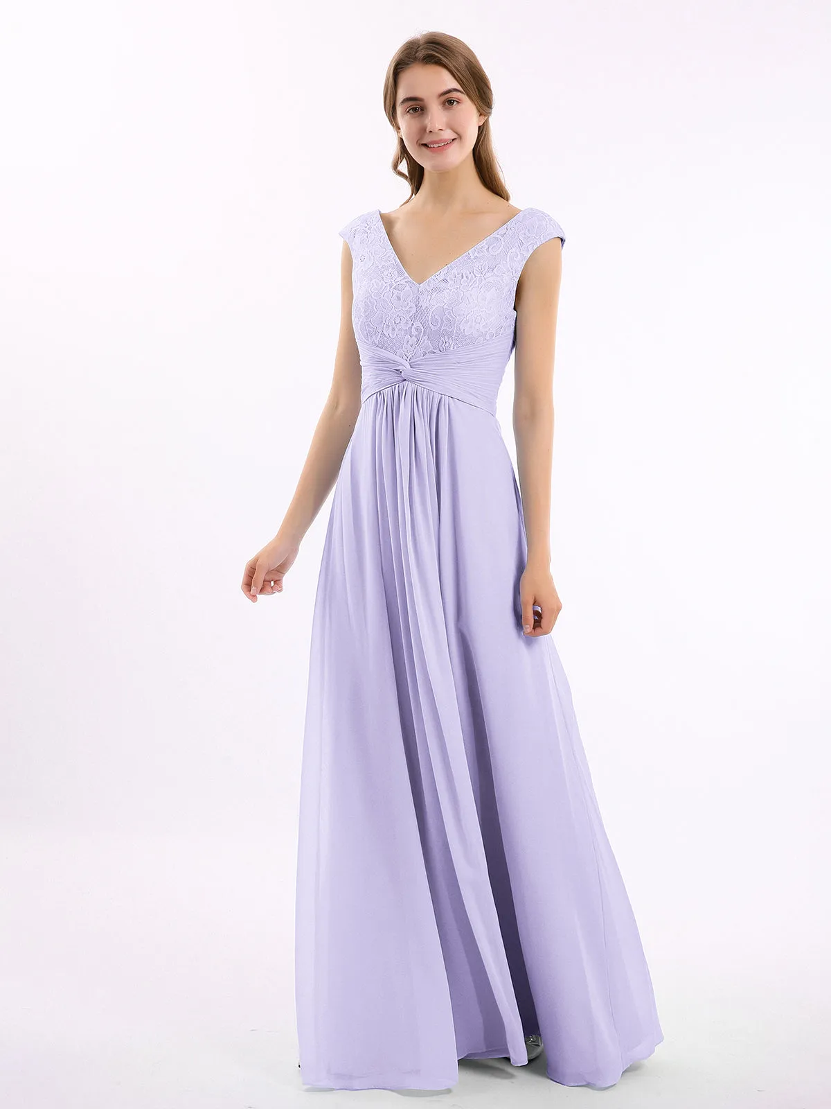Cap Sleeves Chiffon and Lace Dress with V NECK Lilac Plus Size