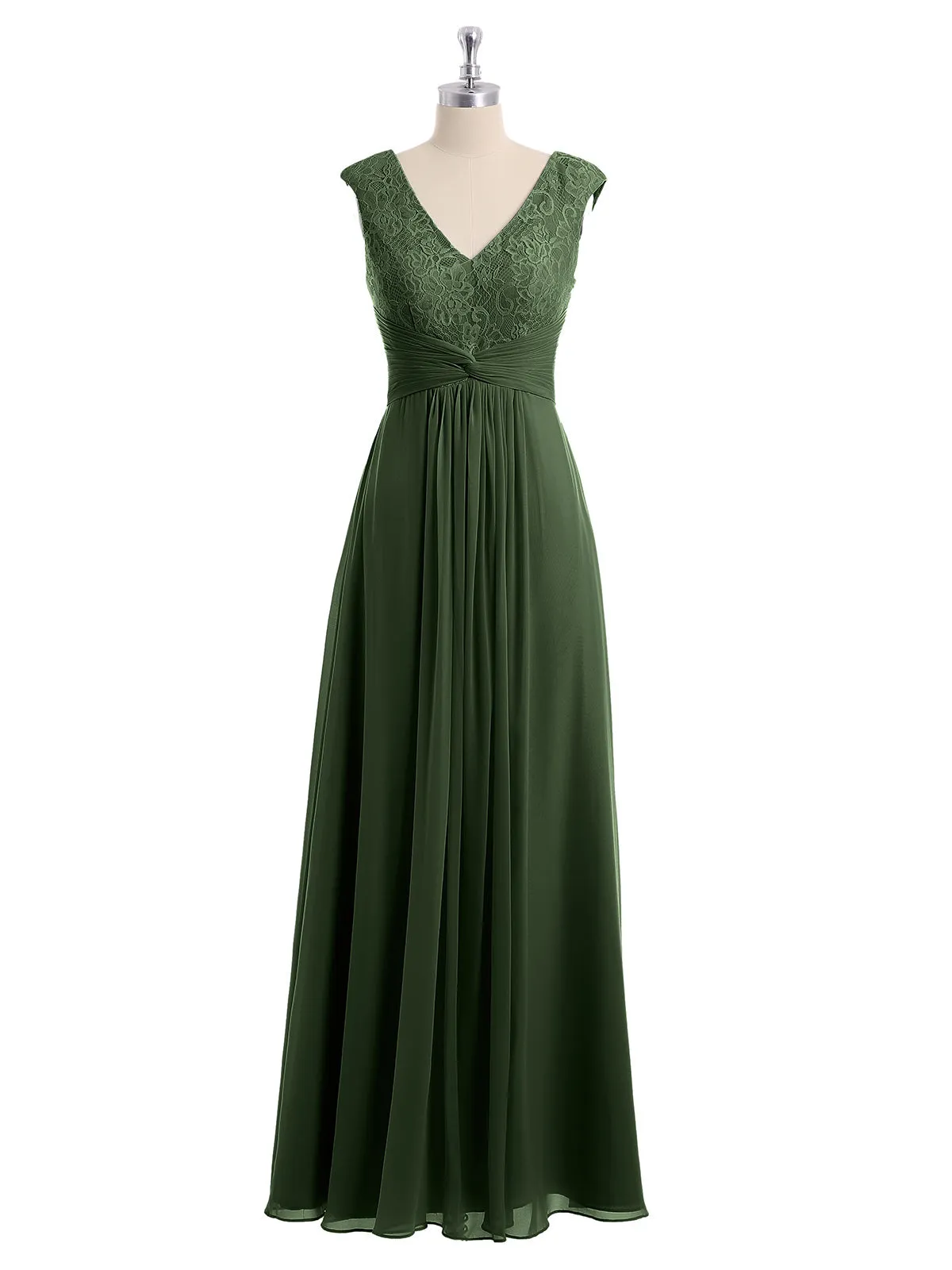Cap Sleeves Chiffon and Lace Dress with V NECK Olive Green Plus Size