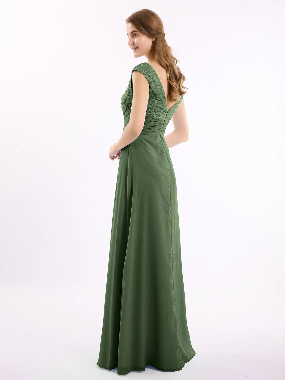 Cap Sleeves Chiffon and Lace Dress with V NECK Olive Green Plus Size