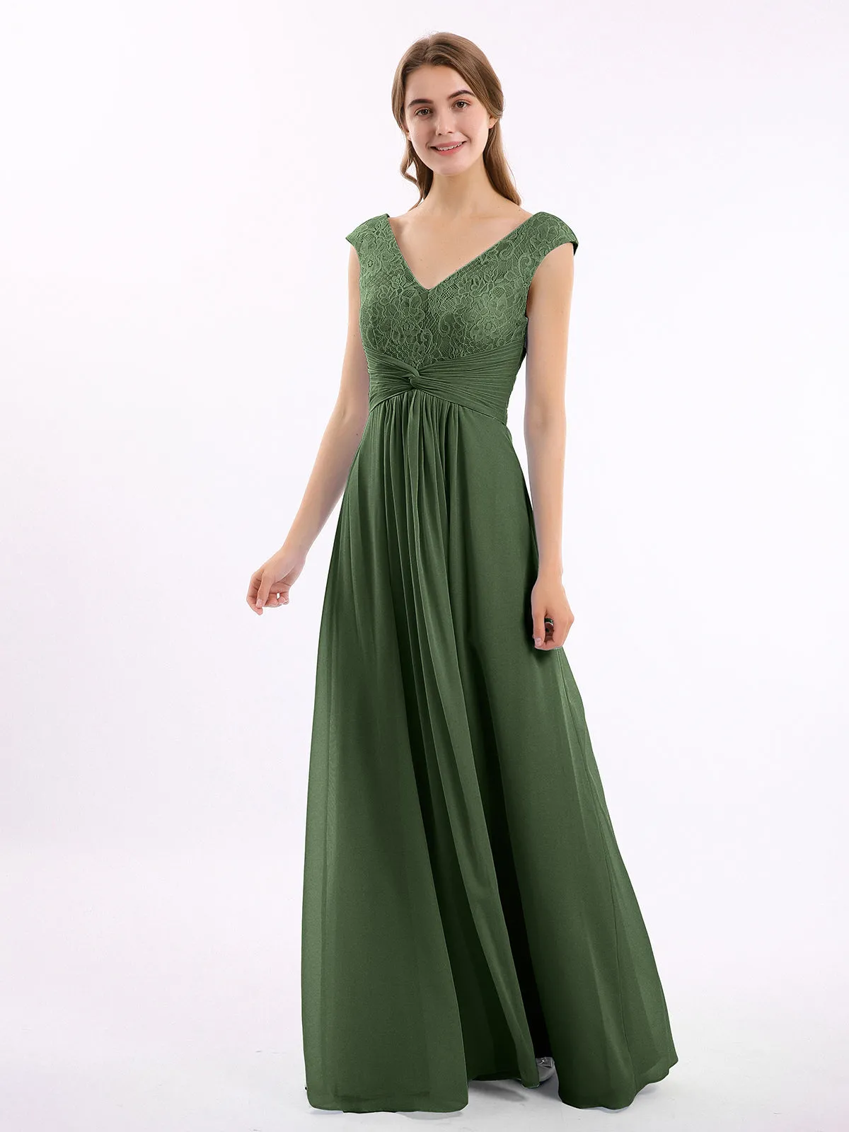 Cap Sleeves Chiffon and Lace Dress with V NECK Olive Green Plus Size