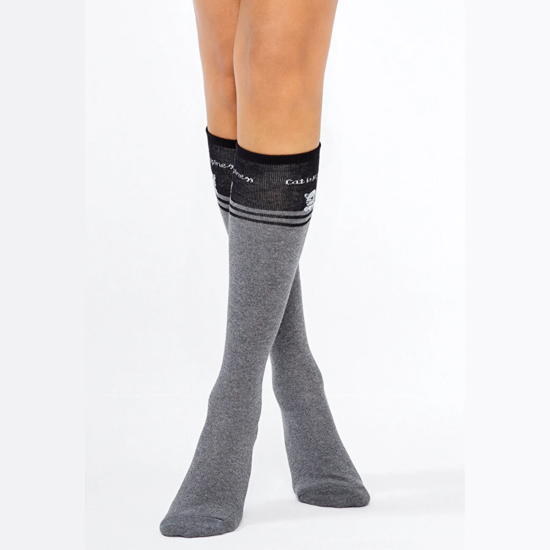 Cotton, Grey Knee High 'Cat is Happiness' socks