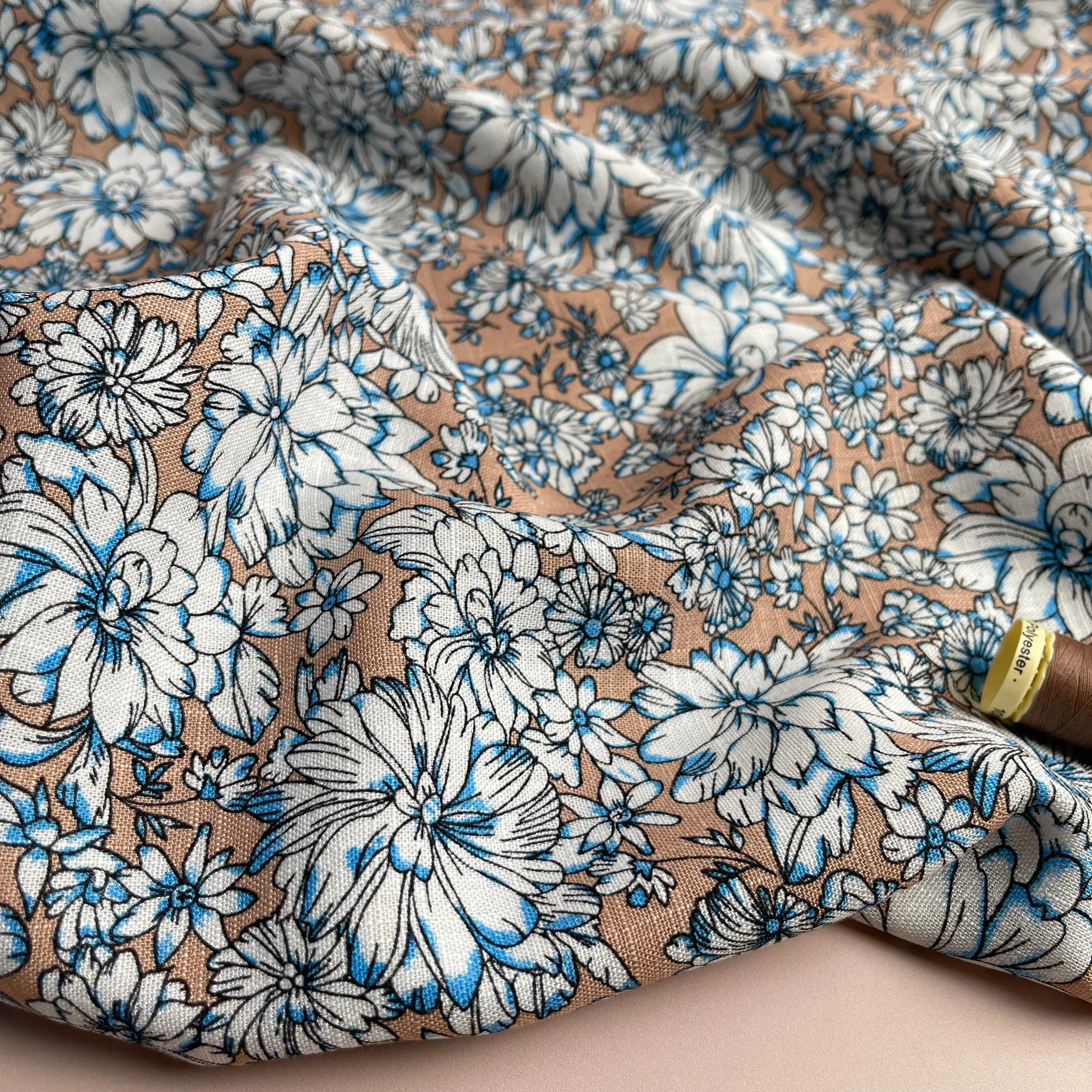 Dahlias on Sand Linen Viscose Blend Fabric