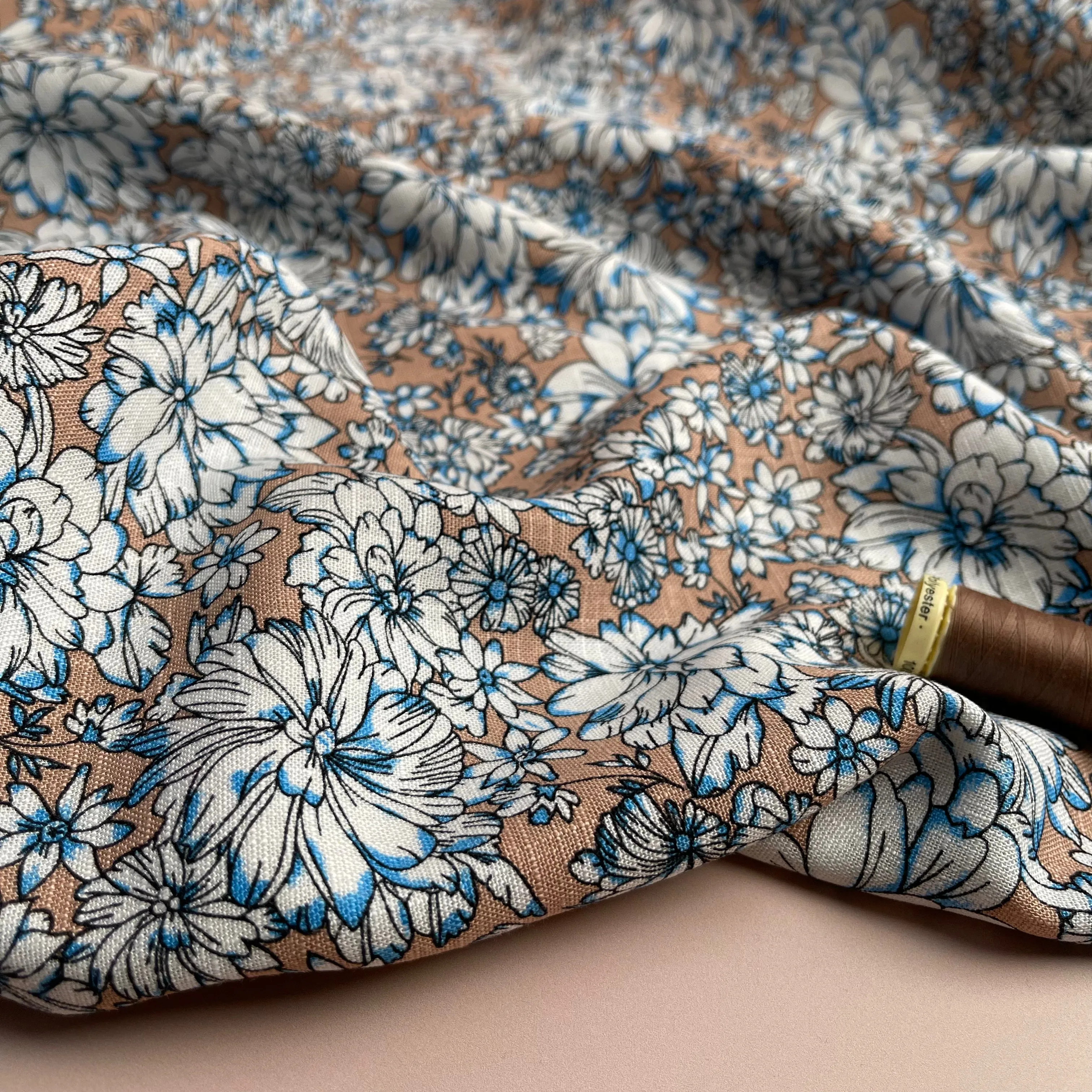Dahlias on Sand Linen Viscose Blend Fabric